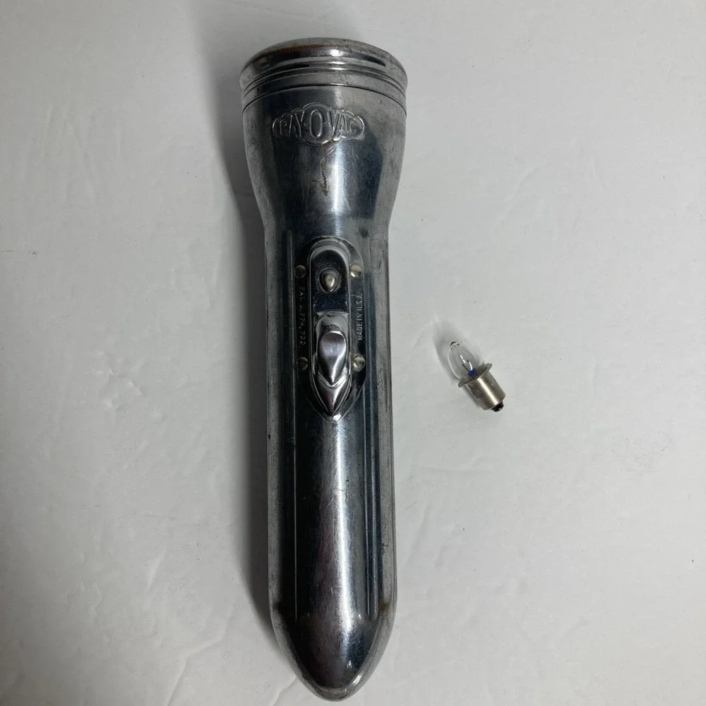 Vintage Rayovac Flash Light Silver Bullet Torpedo Style 8 in w/ extra Bulb FLAWS